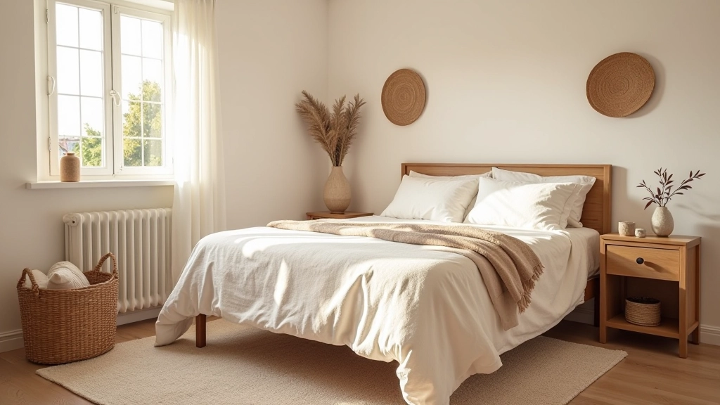 Quarto acolhedor com móveis antigos restaurados e têxteis DIY em tons neutros