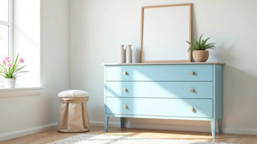 Sala de estar moderna com móvel antigo pintado, luz natural, decoração económica
