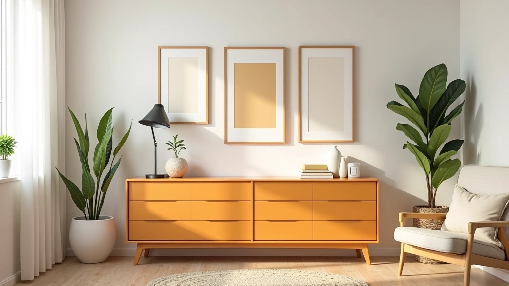 Sala de estar moderna com parede de galeria e móvel pintado em cor quente, plantas decorativas